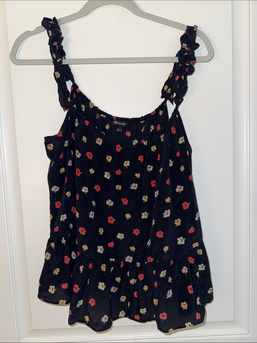 Madewell 100% silk Black Floral Ruffle-Strap Womens top size 14